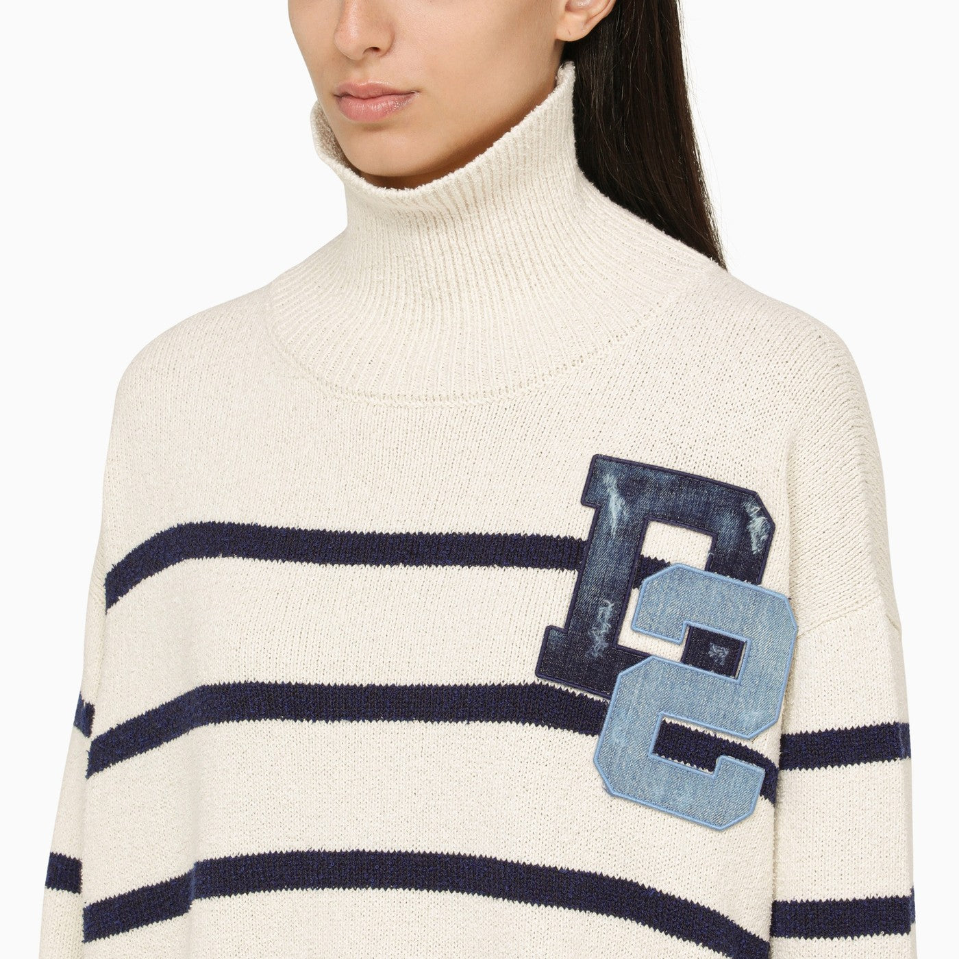 Dsquared2 Blue/White Striped Turtleneck Sweater With Logo | Balardi