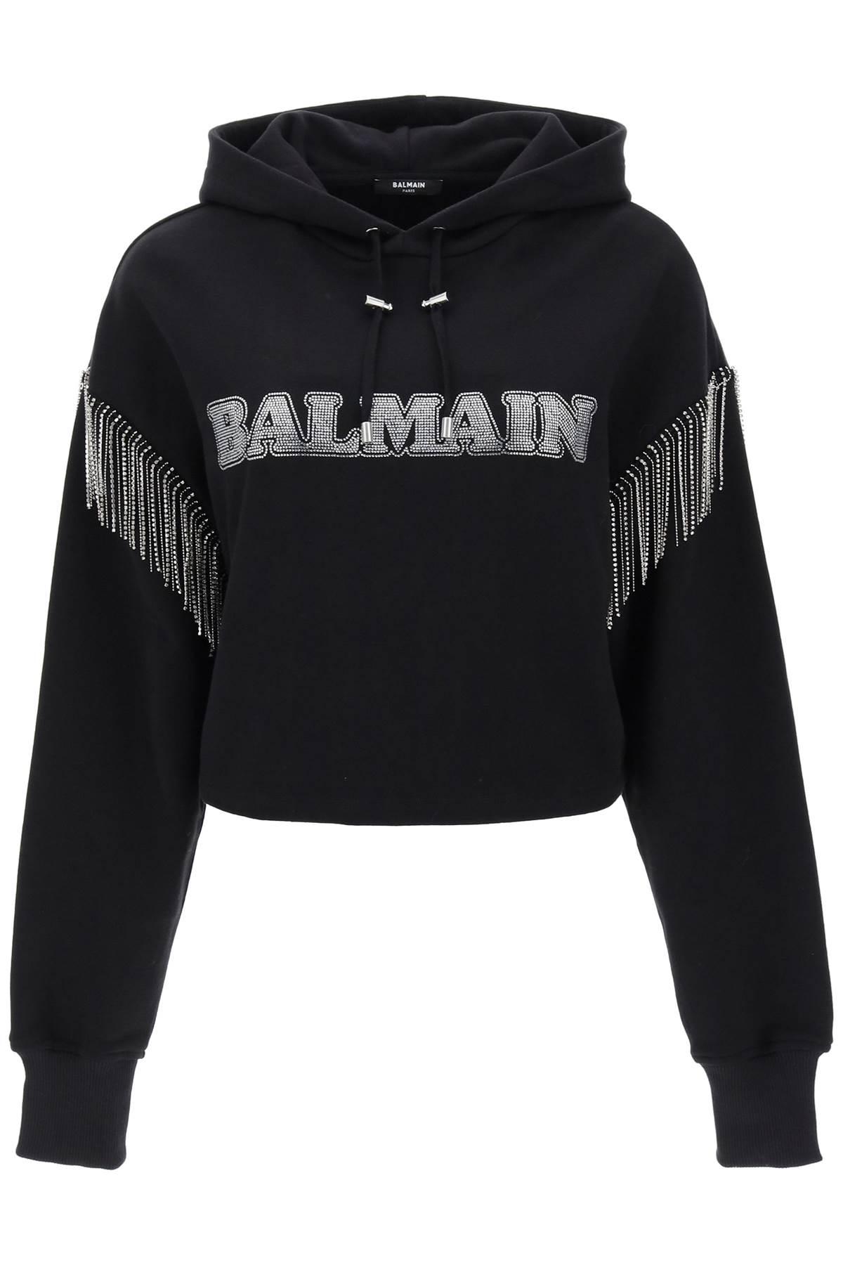 Balmain Cropped Hoodie With Rhinestone Studded Logo And Crystal Cupchains